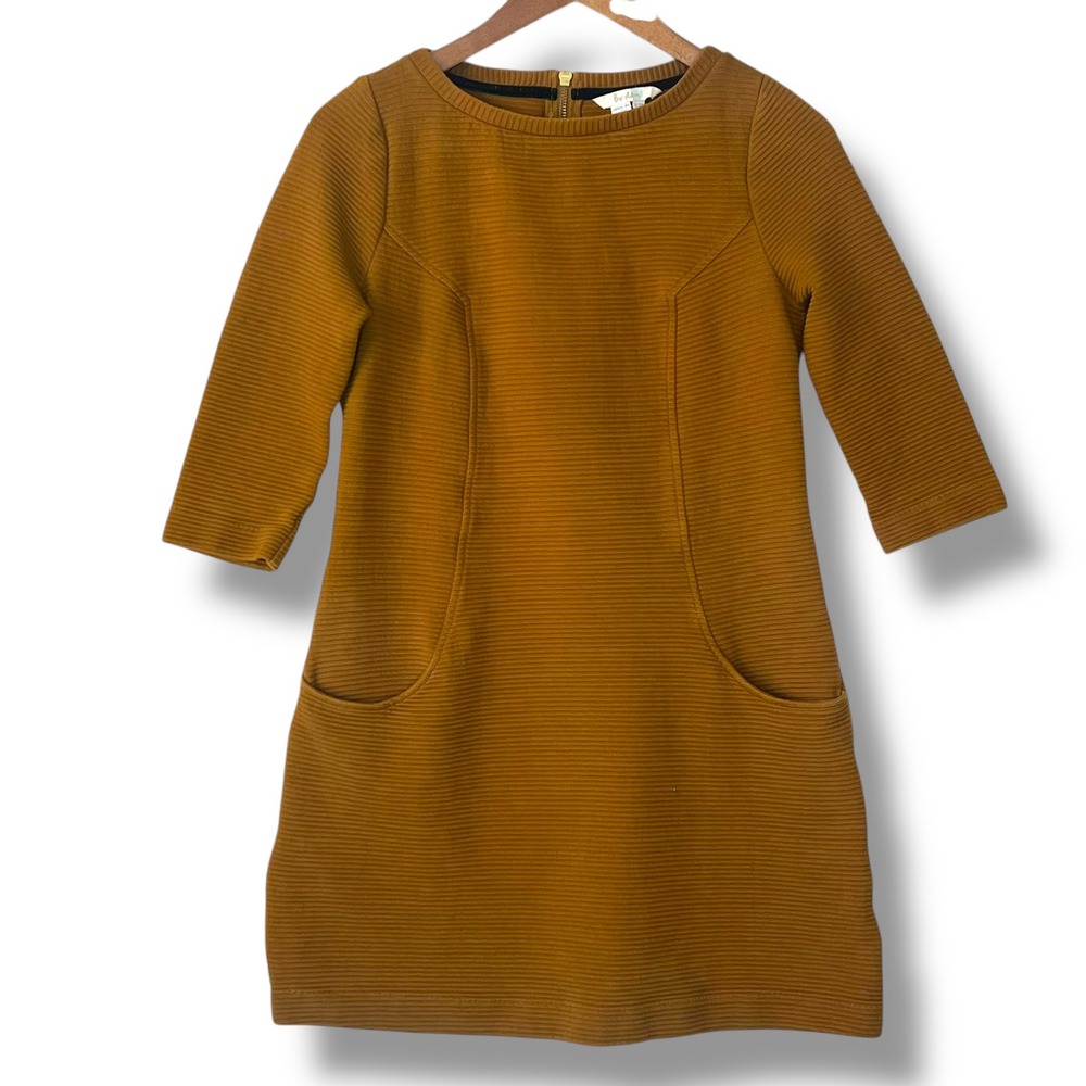 Boden Textured Ribbed Knit Mini Dress 6 Brown Mustard Pockets Retro Neutral Prep